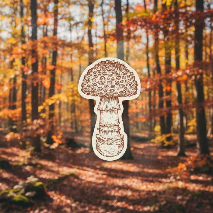 Forager Provisions LTD spotted mushroom sticker with detailed brown line art on a blurred autumn forest background