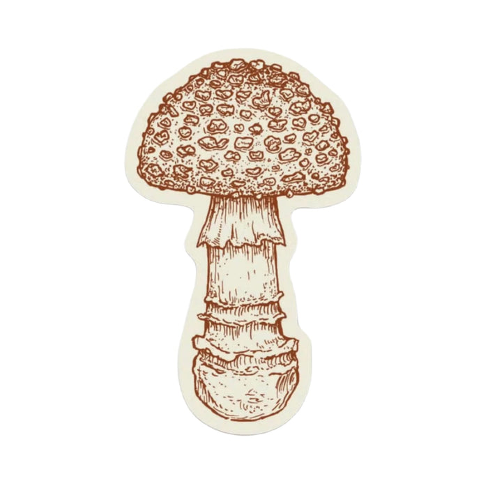 The Wild Wander Spotted Mushroom Sticker features an illustration of a mushroom with a textured cap and detailed stem, drawn in brown ink on a white background. This durable design is perfect for vinyl stickers, making it ideal for outdoor-rated applications.