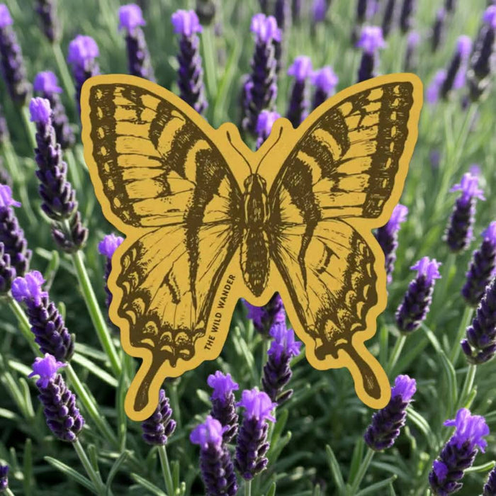 Forager Provisions LTD swallowtail butterfly sticker with detailed gold illustration on a purple lavender background