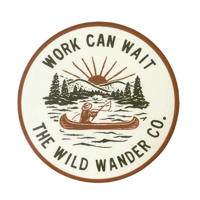 Forager Provisions LTD round vinyl sticker featuring a canoeist on a lake with mountains and the text Work Can Wait