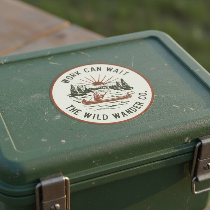 Forager Provisions LTD round vinyl sticker featuring a canoe scene and Work Can Wait text on a green cooler