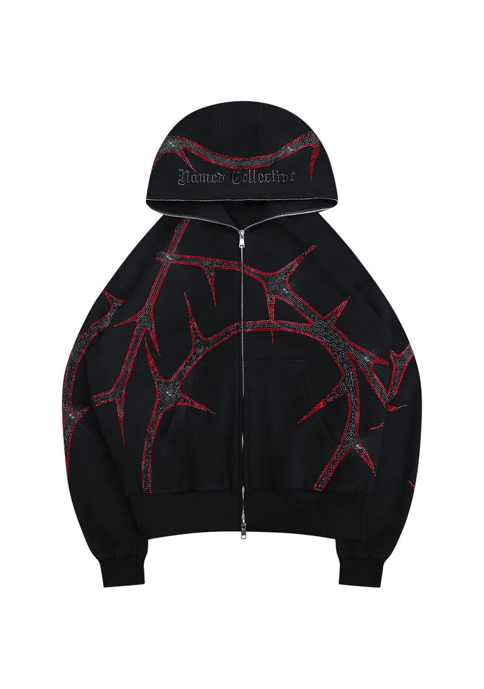 THORN RHINESTONE ZIP HOODIE BLACK AND RED