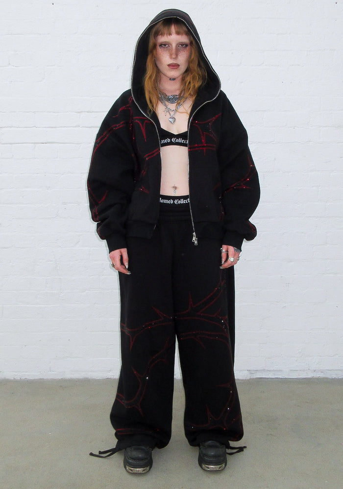 THORN RHINESTONE ZIP HOODIE BLACK AND RED