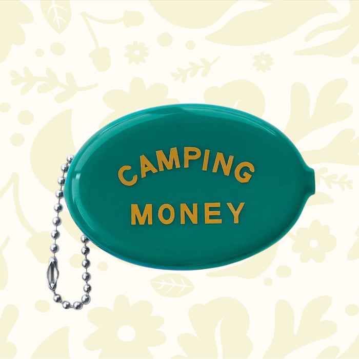 Three Potato Four green retro coin pouch with bead chain and bold yellow "CAMPING MONEY" text, vintage camping accessory.
