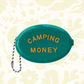 Three Potato Four green retro coin pouch with bead chain and bold yellow "CAMPING MONEY" text, vintage camping accessory.