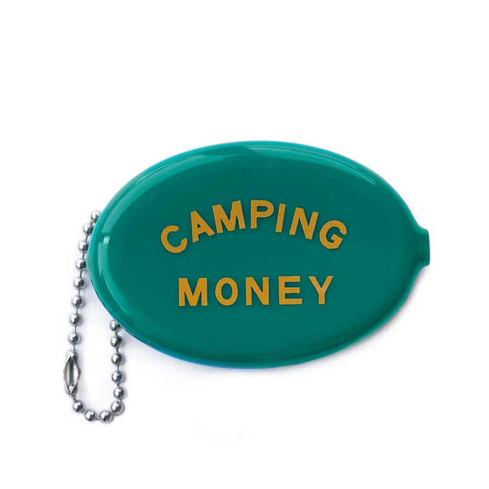 Forager Provisions LTD Three Potato Four green rubber coin pouch with Camping Money text and a ball chain keychain.