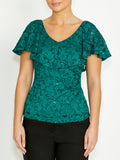 Women's Sequin Lace Ruffle Front Top in Green | Trudy