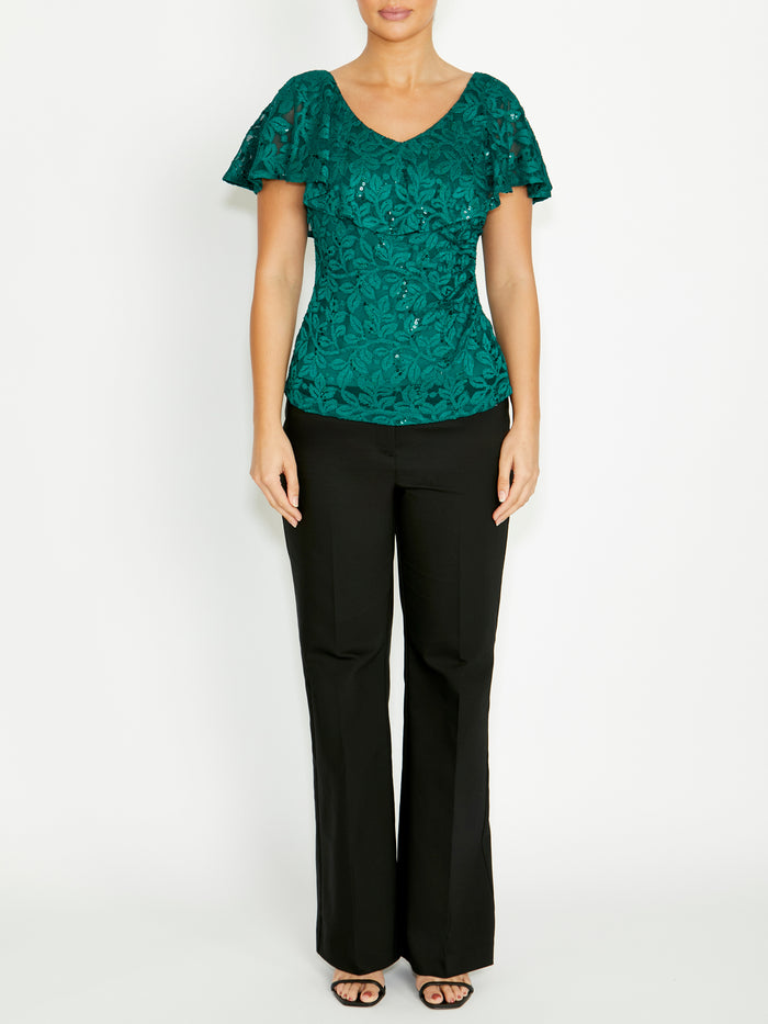 Women's Sequin Lace Ruffle Front Top in Green | Trudy