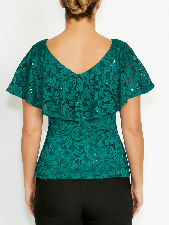 Women's Sequin Lace Ruffle Front Top in Green | Trudy