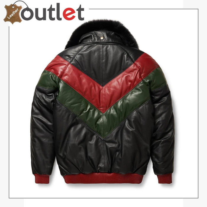 Back view of the red and green V bomber jacket showing panel seams and fur collar