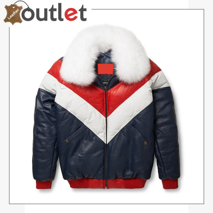 Two-tone red and white V bomber leather jacket, front view with contrast V panel and fur collar
