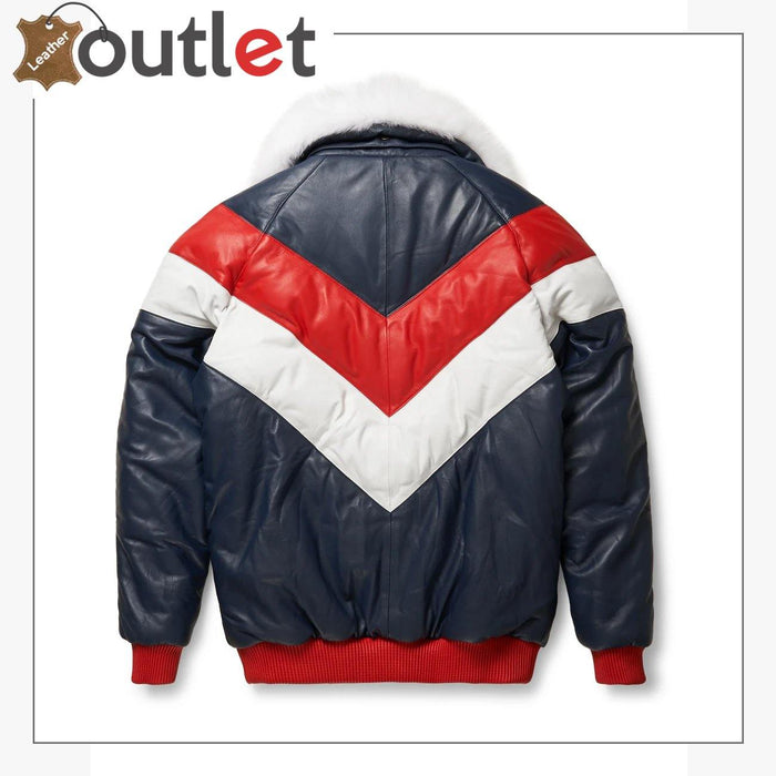 Back view of the red and white V bomber leather jacket showing tapered waist