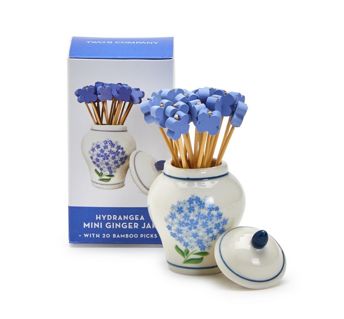 Two's Company Hydrangea Ginger Jar w/ 20 Cocktail Picks