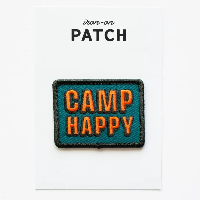 Green embroidered patch with bold orange Camp Happy text—union made, collectible accessory, perfect for outdoor enthusiasts.