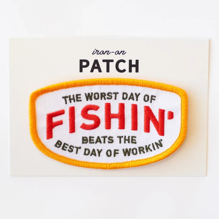 Union Made Fishing Beats Working patch, yellow border; perfect embroidered accessory gift for anglers and fishing lovers!.
