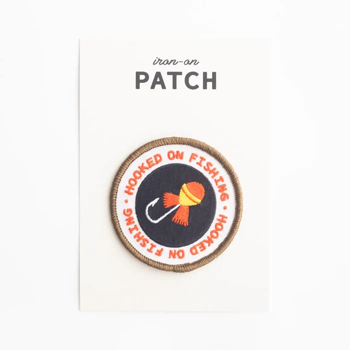 Union Made Hooked On Fishing embroidered patch with hook and lure design—ideal gift for anglers, fishermen, outdoor lovers.