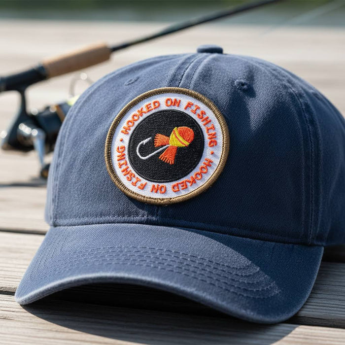 Forager Provisions LTD navy blue baseball cap featuring a Hooked On Fishing embroidered patch on a wooden dock.