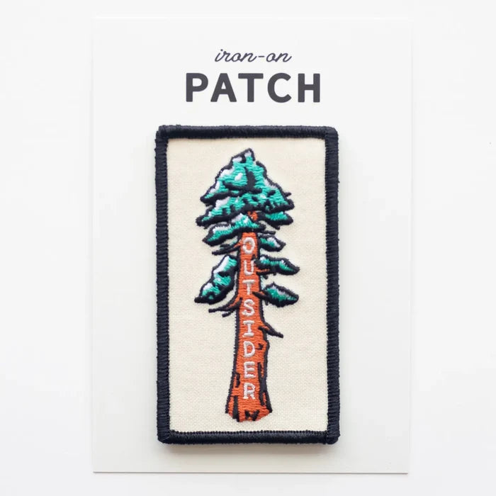 Union Made embroidered patch featuring a tall Sequoia tree with OUTSIDER vertically on the trunk; outdoor adventure badge.