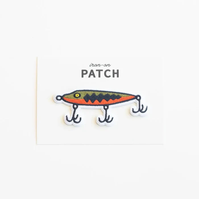 Union Made Fishing Lure Embroidered Patch – Iron-On, comes on labeled card, perfect fishing gift, high quality garment accessory.
