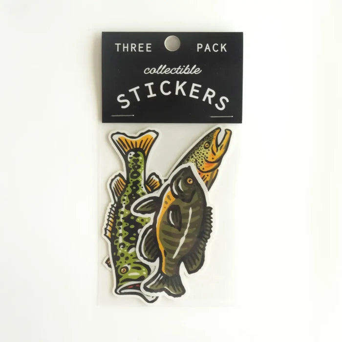 Union Made Freshwater Fish Vinyl Sticker Set—three collectible stickers in clear bag with black label, perfect fishing gift.
