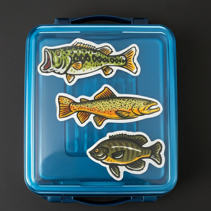 Forager Provisions LTD freshwater fish vinyl sticker set featuring a bass, trout, and bluegill on a blue tackle box.