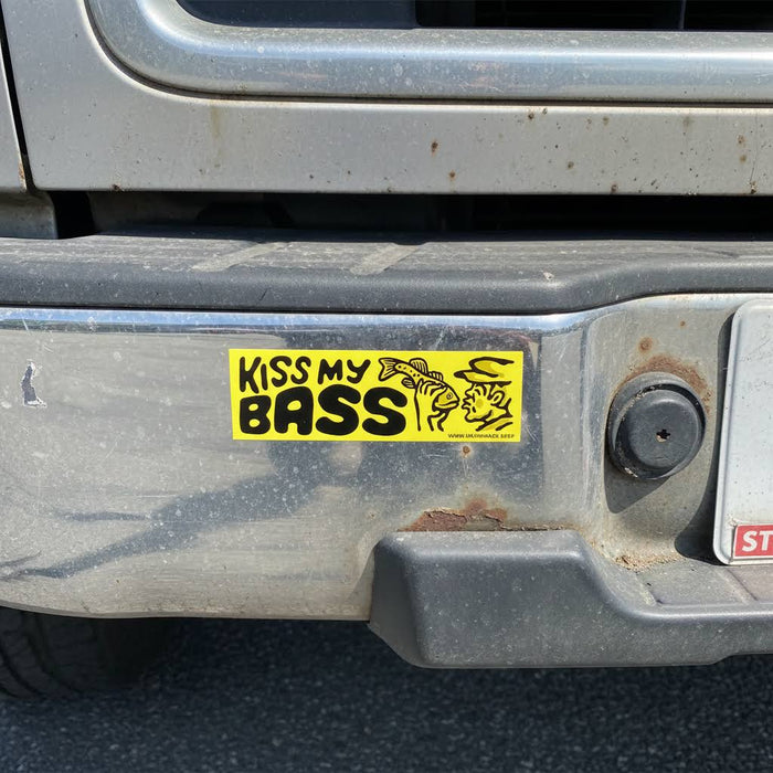 Forager Provisions LTD Kiss My Bass vinyl bumper sticker applied to a silver truck bumper