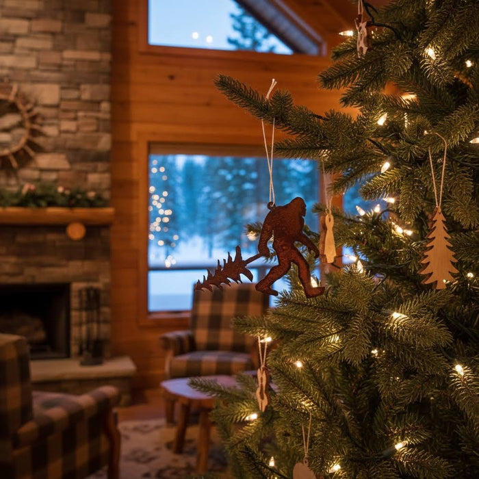 Forager Provisions LTD rustic steel Bigfoot ornament hanging on a Christmas tree in a cozy cabin living room.