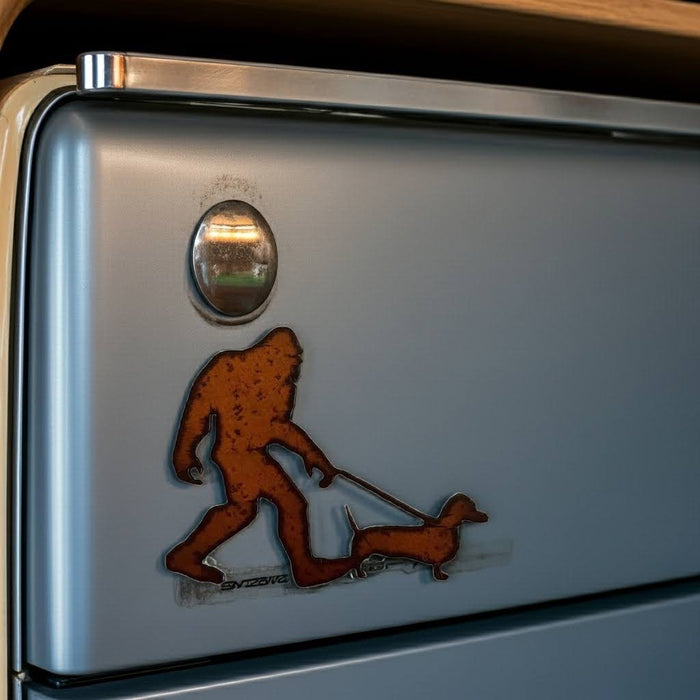 Forager Provisions LTD rustic steel magnet featuring Bigfoot walking a sausage dog on a silver refrigerator door.