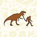 Metallic dinosaur and human figure on a white surface