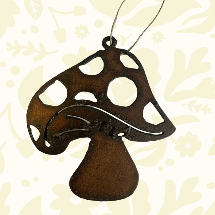 Steel Brown whimsical mushroom with cut-out dots design on a white background