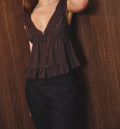 V-Neckline Top with Lace Trim - Brown