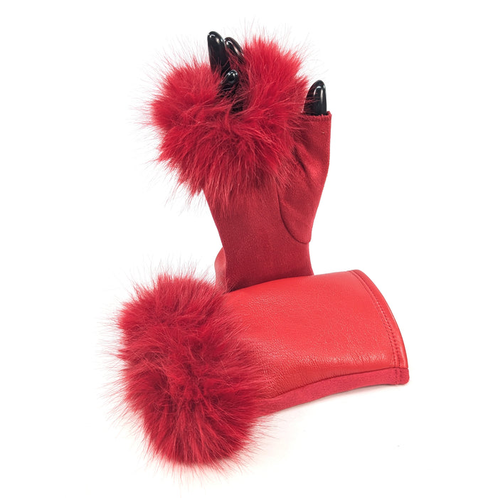 Vegan Leather and Faux Fur Fingerless Gloves - Red