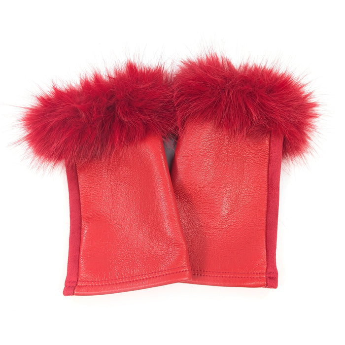 Vegan Leather and Faux Fur Fingerless Gloves - Red