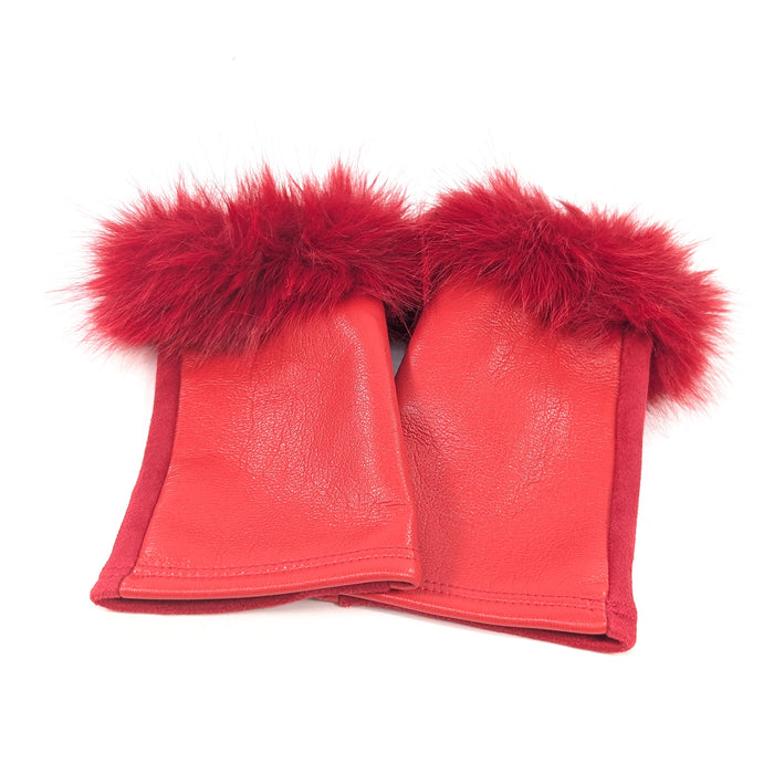 Vegan Leather and Faux Fur Fingerless Gloves - Red