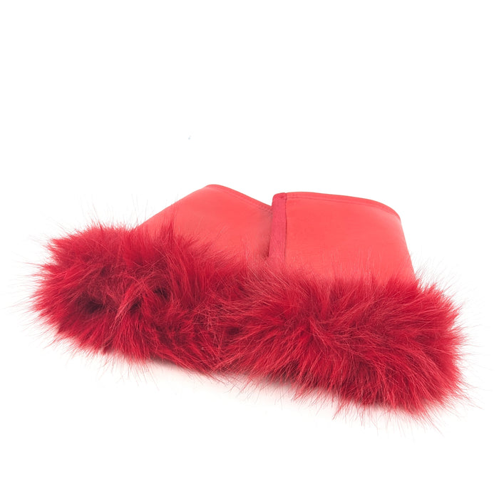 Vegan Leather and Faux Fur Fingerless Gloves - Red