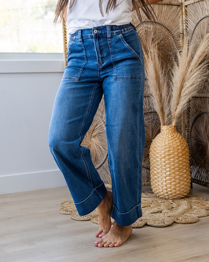 Vervet Maggie Roll Hem Elastic Waist Wide Leg Jeans - Medium Wash Vervet