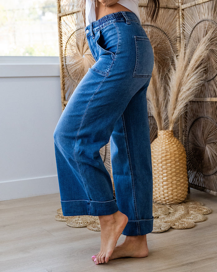 Vervet Maggie Roll Hem Elastic Waist Wide Leg Jeans - Medium Wash Vervet