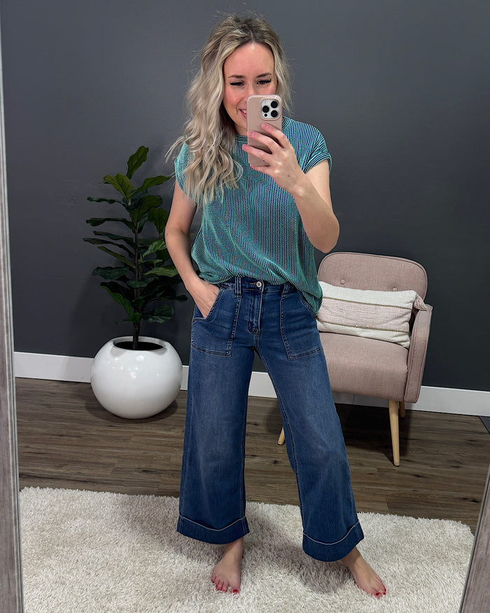 Vervet Maggie Roll Hem Elastic Waist Wide Leg Jeans - Medium Wash Vervet