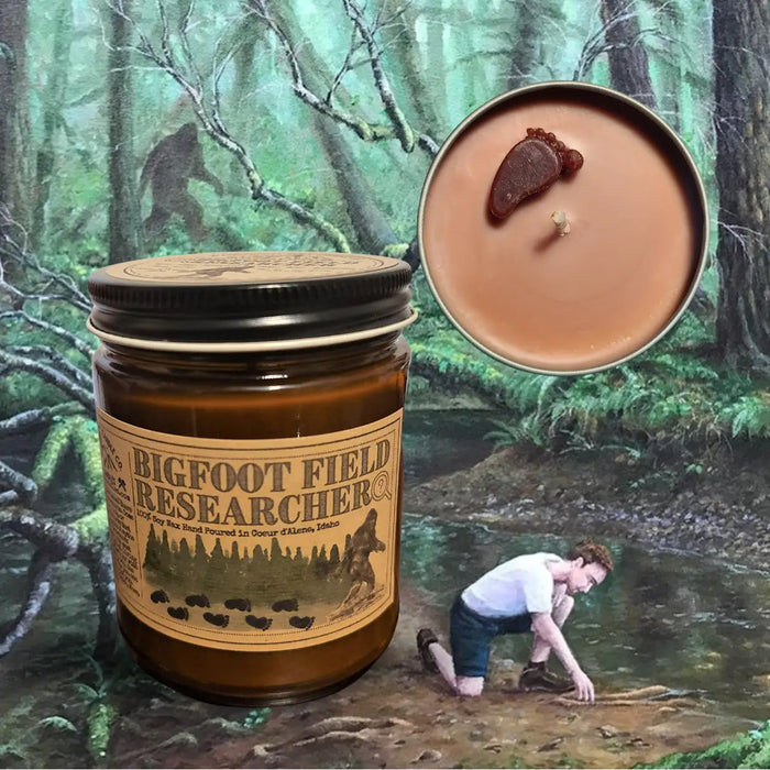 Forager Provisions LTD Bigfoot Field Researcher soy candle with a Sasquatch footprint wax topper in a glass jar