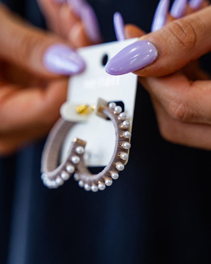 Warm Gray Open Hoop Earrings with Pearl Accents SALE Crystals Trading Inc.