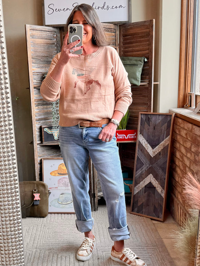 Light pink crew neck sweater with watercolor horse graphic and ribbed hem