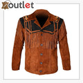 Western cowboy brown fringed suede leather jacket, front view with chest yoke fringe