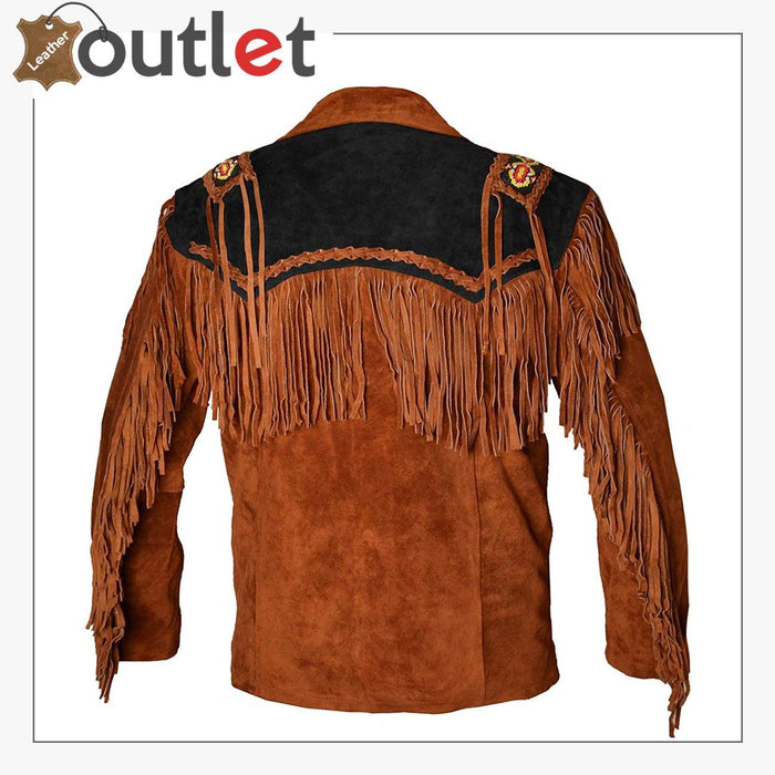 Back view of the brown suede western jacket showing back yoke and long fringe