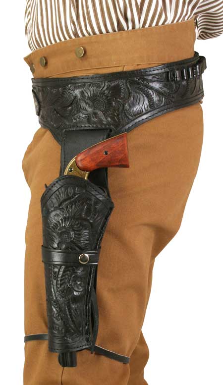 Western Gun Belt & Holster (.38/.357 cal) LH Draw - Long Barrel - Black Tooled