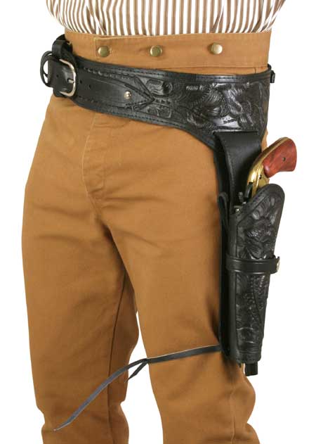 Western Gun Belt & Holster (.38/.357 cal) LH Draw - Long Barrel - Black Tooled