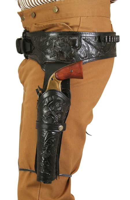 Western Gun Belt & Holster (.38/.357 cal) LH Draw - Long Barrel - Black Tooled