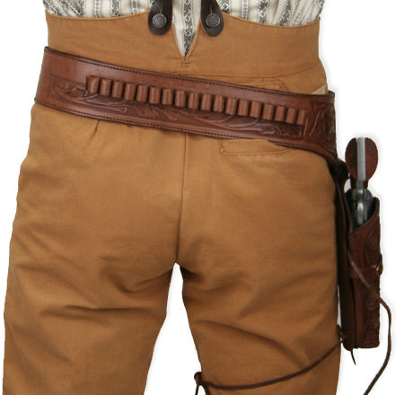 (.38/.357 cal) Western Gun Belt and Holster - RH Draw - Chocolate Brown Tooled Leather