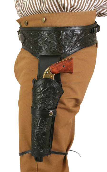 Western Gun Belt & Holster (.44/.45 cal) LH Draw - Long Barrel - Black Tooled