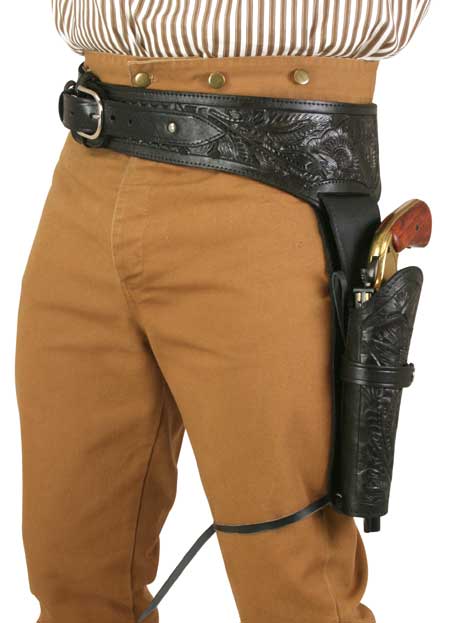 Western Gun Belt & Holster (.44/.45 cal) LH Draw - Long Barrel - Black Tooled
