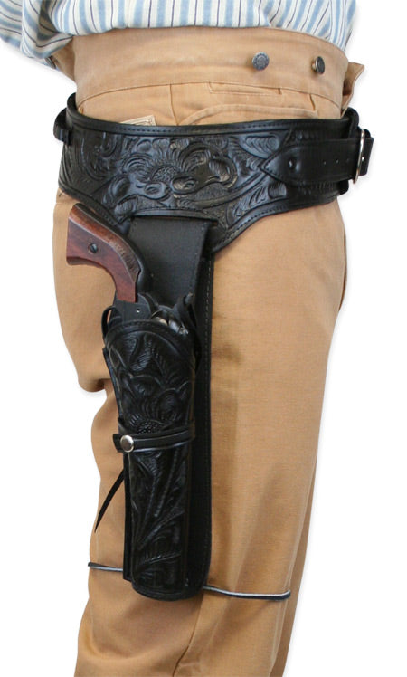 (.44/.45 cal) Western Gun Belt and Holster - RH Draw (Long Barrel) - Black Tooled Leather